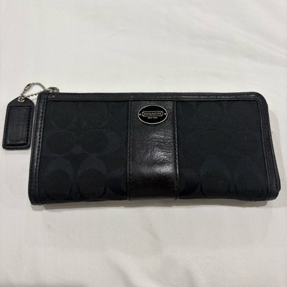 Coach Handbags - Coach Signature Black Canvas Leather Trim Zip Around Wallet‎ Wristlet Clutch